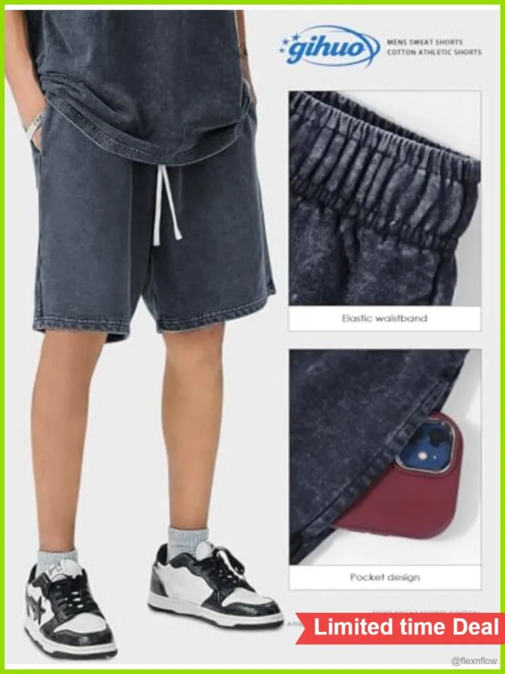 Mens Cotton Sweat Shorts Acid Wash Drawstring Athletic Workout